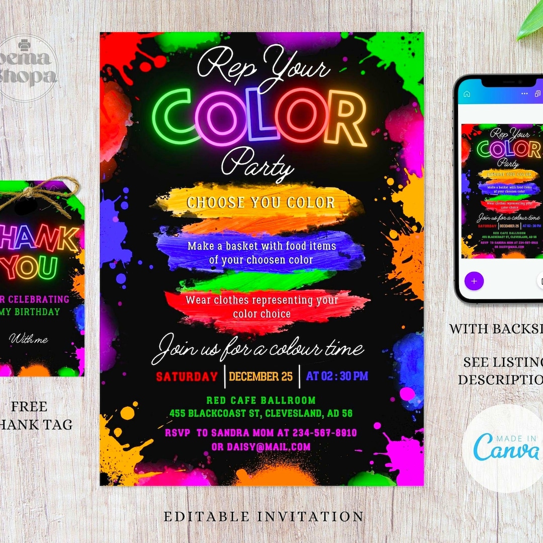 Rainbow Color Party Invitation: Editable Canva Template (instant ...