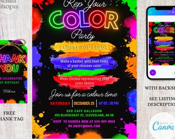 Rainbow Color Party Invitation: Editable Canva Template (Instant Download)
