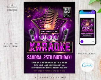 Könnte beinhalten: Lila und goldene Karaoke-Partyeinladung mit einem Mikrofon, Lautsprechern und einem Stern. Der Text lautet "You Invited To Karaoke Sandra 25th Birthday!" mit Datum, Uhrzeit und RSVP-Informationen.