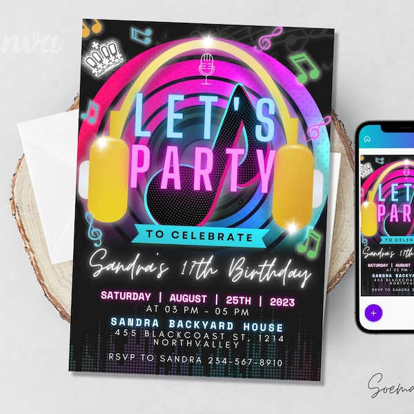 Music Party Invitations, Music Birthday Ideas, Music Party Invite Ideas, DJs Evite, Night Party, Canva Editable, Instant Download