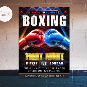 Puede incluir: Una invitación a una noche de pelea de boxeo con un guante de boxeo rojo y azul a cada lado del póster. El texto dice "Ready to Rumble Boxing Fight Night Mickey vs Jordan Friday August 15th Time: 2:00 PM 3456 Lake Land, North Valley XY. RSVP to Winston 234-567-8910 by Aug 25th."
