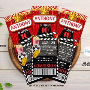 Ticket Movie Party Invitations | Editable & Printable Movie Birthday Invite | Instant Download, Canva Template