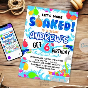 Watergun Invitation Party, Soaked Party, Splash Birthday Invitation, Canva Editable Template, Personalized Instant Download and Printable