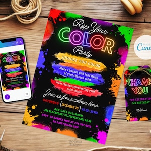 Uitnodigingen voor feest in kleur, feest in kleur, regenbooguitnodiging, kleurplaat Evite, bewerkbaar en afdrukbaar op canvas, direct downloaden