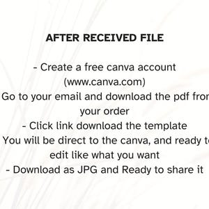 May include: A digital instruction guide titled AFTER RECEIVED FILE with black text on a white background. It outlines five steps: create a free Canva account, download the PDF from your order, click the link, edit the template, and download as JPG.