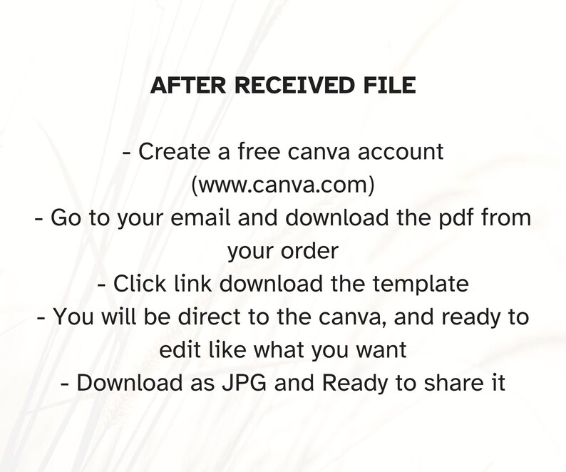 May include: A digital instruction guide titled AFTER RECEIVED FILE with black text on a white background. It outlines five steps: create a free Canva account, download the PDF from your order, click the link, edit the template, and download as JPG.
