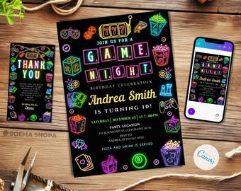 Game Night Birthday Invitations: Glow Design, Editable Canva Template (Digital Download)