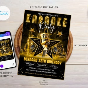Bewerkbare uitnodigingen voor karaoke-feestje - afdrukbare verjaardagsuitnodiging zingen feest - Instant download Evite Cards - Canva-sjabloon