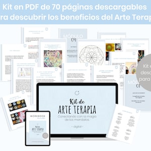 Op de afbeelding: Een digitale downloadkit voor kunsttherapie, met 70 pagina's aan printbare inhoud. De kit bevat een werkboek, modules en mandala's. De tekst op de omslag luidt "Kit de ARTE TERAPIA Conectando con la magia de los mandalas -digital-"