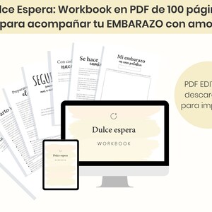 May include: A digital illustration of a workbook titled "Dulce Espera: Workbook" with a light yellow background and a white circle with a crescent moon and star. The workbook is available as a downloadable PDF. The text "PDF EDITABLE descargable para imprimir" is in a circle on the right side of the image.