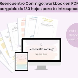 Könnte beinhalten: Eine digitale Illustration eines Computerbildschirms und eines Tablets, auf denen ein Arbeitsbuch mit dem Titel "Reencuentro conmigo" (Wiedervereinigung mit sich selbst) angezeigt wird. Das Arbeitsbuch wird als herunterladbar im PDF-Format beschrieben und enthält 130 Seiten zur Introspektion. Der Text "PDF EDITABLE descargable para imprimir" (PDF EDITABLE zum Herunterladen zum Drucken) ist ebenfalls im Bild enthalten.