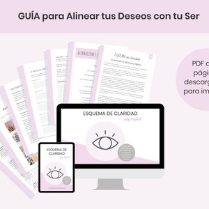 May include: A pink and white digital guide with the title "GUÍA para Alinear tus Deseos con tu Ser" and a stylized eye graphic. The guide is available as a 21-page downloadable PDF for printing.