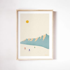 Ski fahren Poster von Henry Rivers | Ski fahrende Bergwand Kunst | Skifahrer am Berg Kunst Poster | Wintersportort Ski-Piste | Ski Berg Sun Kunst