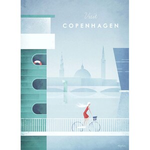 May include: A stylised illustration of Copenhagen, Denmark, with a woman riding a bicycle on a bridge. The city skyline is in the background, with a church spire and a dome-shaped building. The text "Visit Copenhagen" is at the top of the image.
