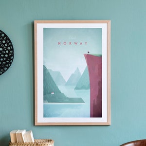 Norway Travel Poster Print by Henry Rivers | Fjord Travel Wall Art | Minimalist Vintage Retro Style Travel Art
