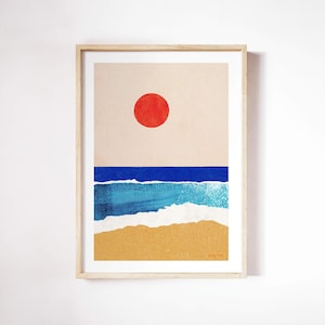 Impresión de amanecer en el océano de Henry Rivers / Arte de pared con olas del océano y amanecer en la playa / Póster de arte con puesta de sol en el océano / Impresión de sol en la playa y amanecer en la playa