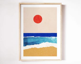 Ocean Sunrise Print by Henry Rivers | Beach Sunrise Ocean Waves Wall Art | Sunset Ocean Art Poster | Beach Sun Ocean | Beach Sunrise Print