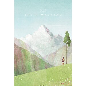 May include: A watercolour illustration of a mountain range with a person standing in the foreground. The mountains are snow-capped and the sky is a light blue. The text "Visit The Himalayas" is written at the top of the image.