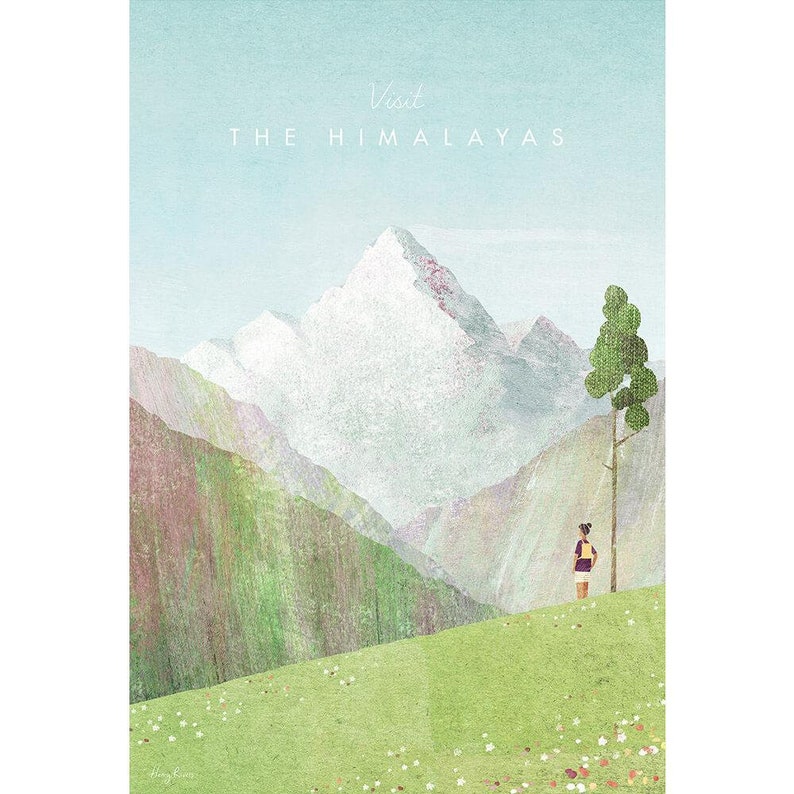 May include: A watercolour illustration of a mountain range with a person standing in the foreground. The mountains are snow-capped and the sky is a light blue. The text "Visit The Himalayas" is written at the top of the image.