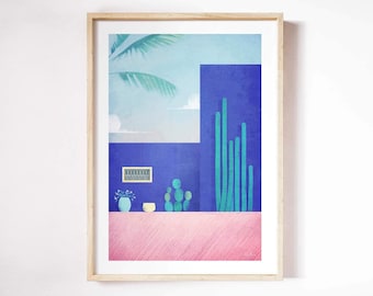 以下が含まれることがあります： 熱帯の風景を様式化したイラストが描かれた、額入りのアートプリント。青い壁にサボテンとピンク色の表面が描かれ、窓からはヤシの木と空が見えます。花瓶と小さなサボテンも描かれています。