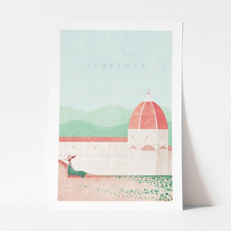 May include: A pastel-colored illustration of a woman sitting on a wall in front of the Duomo in Florence, Italy. The text "Visit Florence" is at the top of the image.