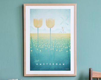 Affiche de voyage d'Amsterdam imprimée par Henry Rivers | Art mural de voyage à Amsterdam | Art de voyage de style rétro vintage minimaliste