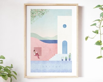 Greece Travel Poster Print by Henry Rivers | Greece Travel Wall Art | Minimalist Vintage Retro Style Travel Art