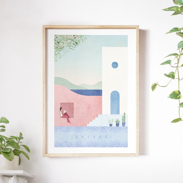 Greece Travel Poster Print by Henry Rivers | Greece Travel Wall Art | Minimalist Vintage Retro Style Travel Art