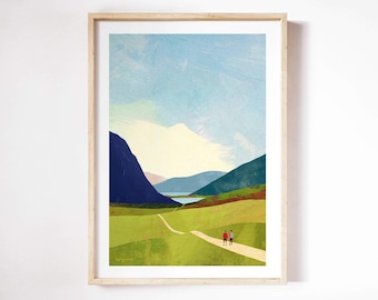 Wandern, Outdoor Poster von Henry Rivers | Wandern in der Natur Wandkunst | Gehende Kunst Poster | Berglandschaft | Pärchen, Wandern in den Bergen Urlaub