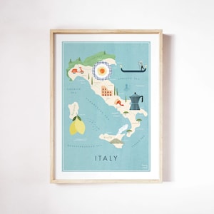 Italien Karte Print von Henry Rivers | Italien Illustrierte Karte Wand Kunst | Italien Karte Kunst Poster