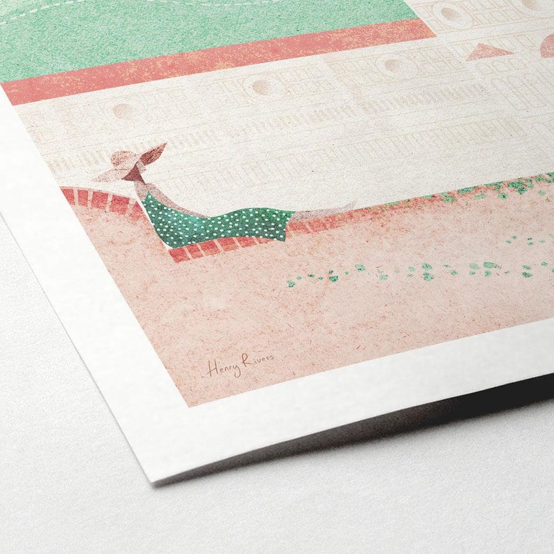 May include: A watercolor illustration of a woman in a green dress and a hat, relaxing on a brick wall with a pink and green background. The artist's signature, "Henry Rivers", is in the bottom right corner.