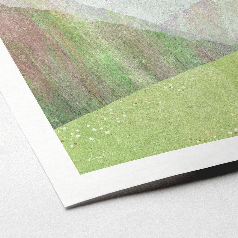 May include: A watercolour painting of a green hillside with white flowers scattered across the grass. The artist's signature, "Henry Rivers", is visible in the bottom right corner.