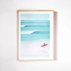 Surf Girl Print by Henry Rivers | Surf Beach Wall Art | Surfing Art Poster, Surfer, Surfing Art, Girl with Surfboard