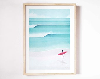 Surf Girl Print by Henry Rivers | Surf Beach Wall Art | Surfing Art Poster, Surfer, Surfing Art, Girl with Surfboard