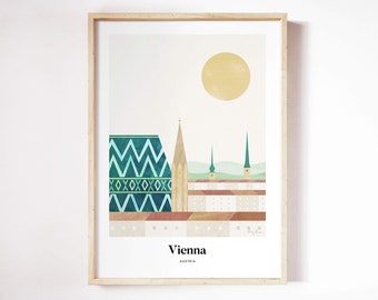 May include: A framed illustration of the Vienna skyline with a green and blue patterned building, a yellow sun, and the text "Vienna, Austria".