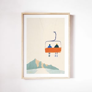 Skiing Mountain Print by Henry Rivers | Ski Wall Art | Mountain Skiing Chairlift Art Poster | Skiers on Chairlift | Skiing Art