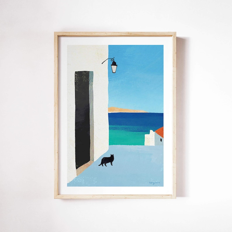 Black Cat Print by Henry Rivers | Cat in Greece Street Wall Art Print ...