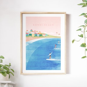 Bondi Beach Travel Poster Impresión por Henry Rivers / Bondi Beach Australia Travel Wall Art / Minimalista Vintage Retro Style Travel Art