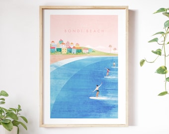 Bondi Beach Travel Poster Print by Henry Rivers | Bondi Beach Australia Travel Wall Art | Minimalist Vintage Retro Style Travel Art
