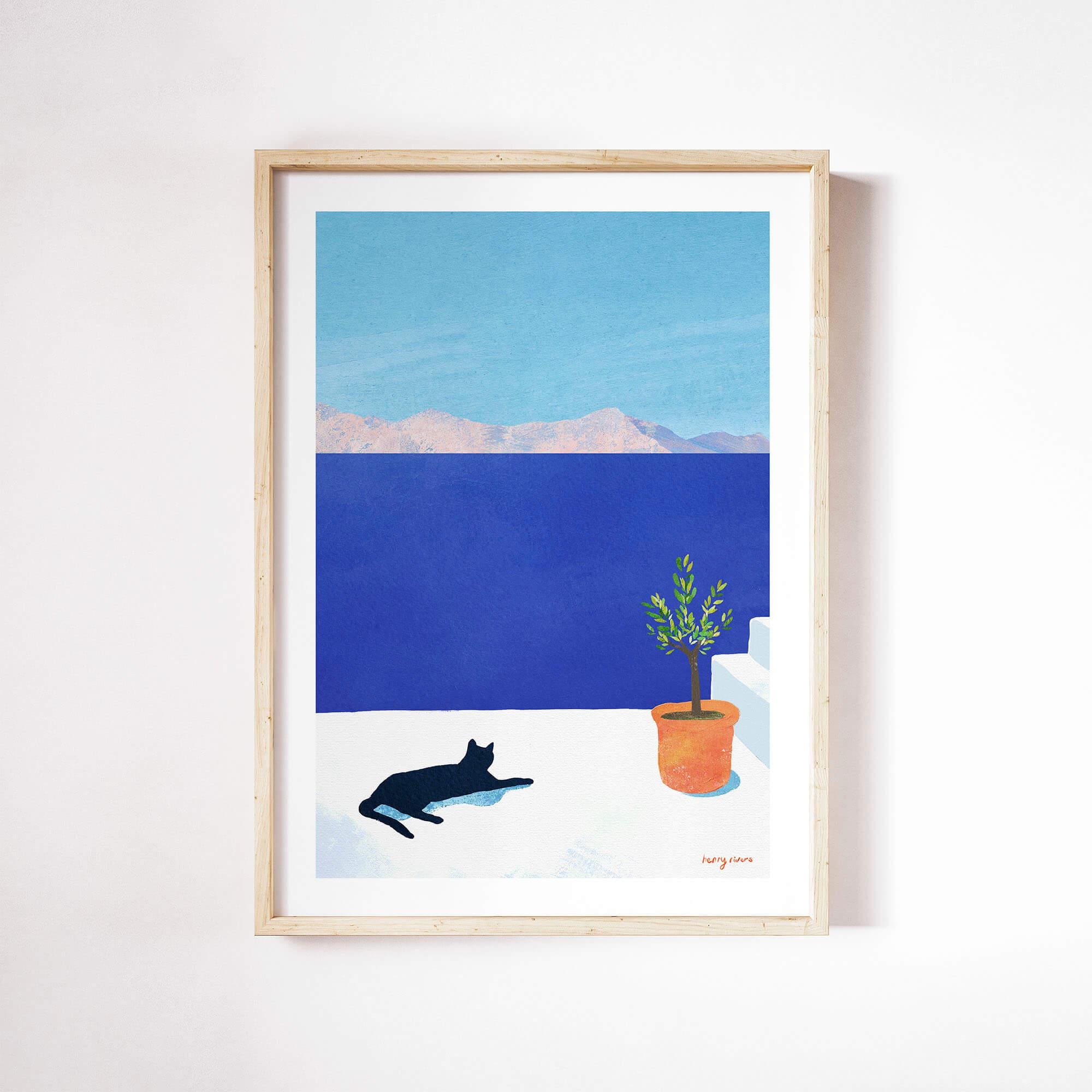 Black Cat Print by Henry Rivers | Cat Greek Villa Wall Art Print | Greece Vacation Cat Art Poster | Cat on Roof