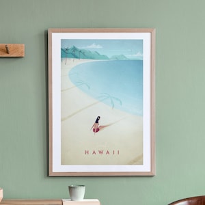 Hawaii Travel Poster Print by Henry Rivers | Hawaii Travel Wall Art | Minimalist Vintage Retro Style Travel Art