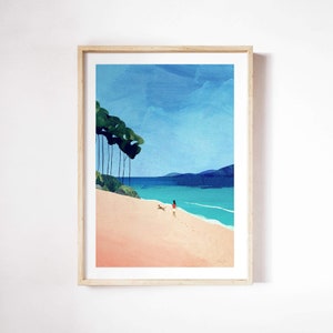 Impresión de Henry Rivers sobre paseo de perro en la playa / Impresión artística sobre playa, mujer, paseo de perro, mar, océano / Póster artístico / Mujer paseando a un perro en la playa