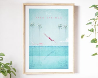 Affiche de voyage Palm Springs imprimée par Henry Rivers | Décoration murale de voyage à Palm Springs | Art de voyage minimaliste de style rétro vintage