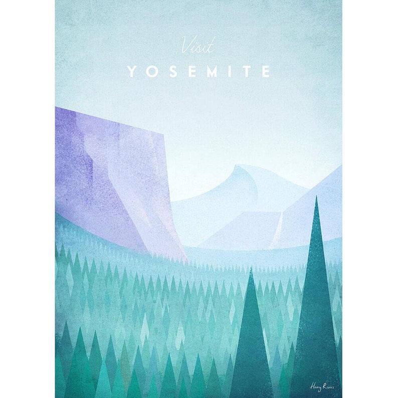Puede incluir: Una ilustraci&oacute;n digital de una cordillera con un bosque en primer plano. El texto "Visit Yosemite" est&aacute; en la parte superior de la imagen.
