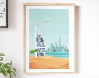 Poster de voyage à Dubaï par Henry Rivers | Décoration murale de voyage Burj al Arab à Dubaï | Art de voyage minimaliste de style rétro vintage