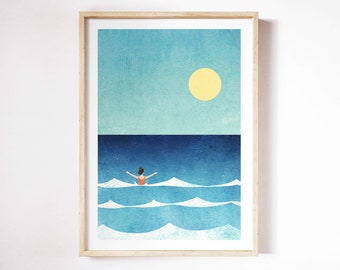 Impression Sea Swim II par Henry Rivers | Impression d’art mural de plage de bord de mer de natation en eau libre | Affiche artistique | Baignade sauvage, nage en mer