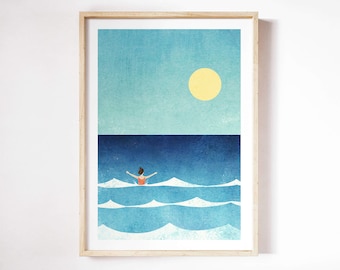 Impression Sea Swim II par Henry Rivers | Impression d’art mural de plage de bord de mer de natation en eau libre | Affiche artistique | Baignade sauvage, nage en mer