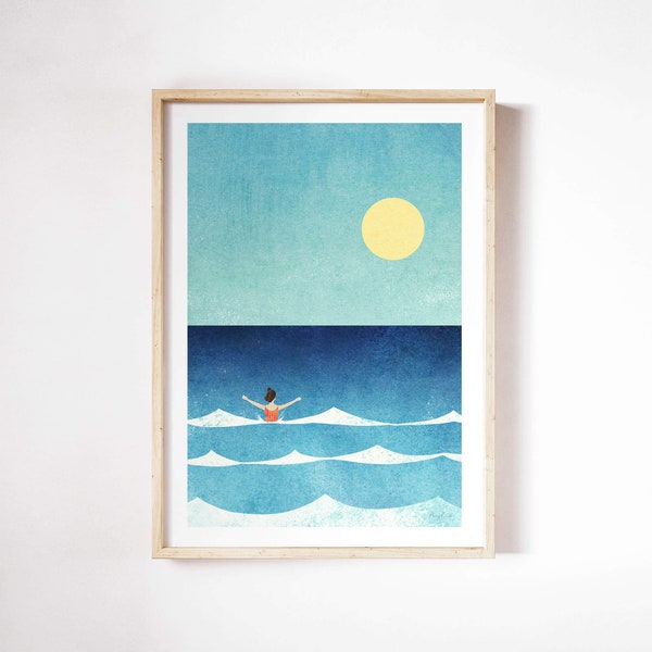 Sea Swim II Print by Henry Rivers | Open-water Swimming Seaside Beach Wall Art Print | Art Poster | Wild Swimming, Sea Swim
