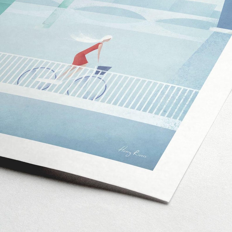 May include: A woman in a red dress rides a bicycle on a white bridge with a blue railing. The background is a light blue watercolour wash with a white geometric pattern. The artist's signature, "Henry Rivers", is in the bottom right corner.