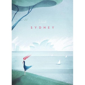 May include: An artistic travel poster with the text "Visit SYDNEY" in pink. The image features a woman in a blue dress with red hair, standing on a green hill overlooking the water. The Sydney Opera House is visible in the background.